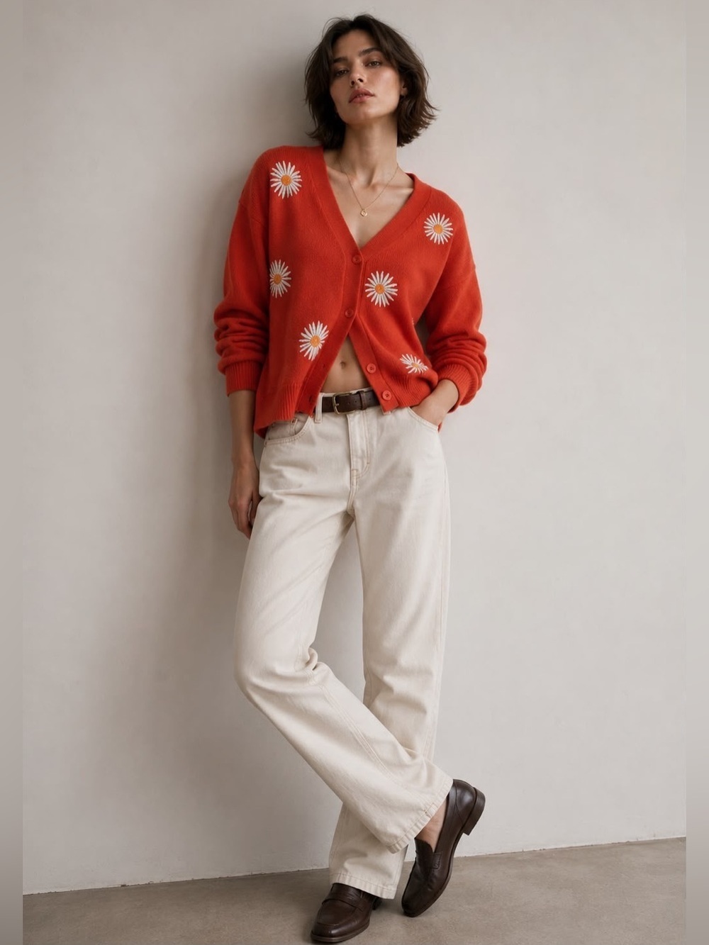 Red Daisy Embroidered Button-Up Cardigan XXL – Oversized Knit Sweater